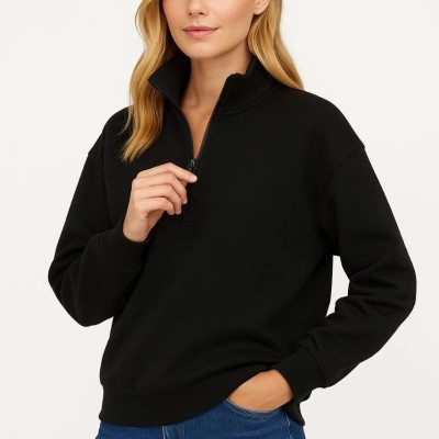 Kadın 3 İplik Pamuklu Dık Yaka Yarım Fermuarlı SweatShirt - Siyah