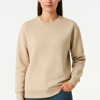 Kadın 3 İplik Pamuklu Düz Bisiklet Yaka SweatShirt - Bej