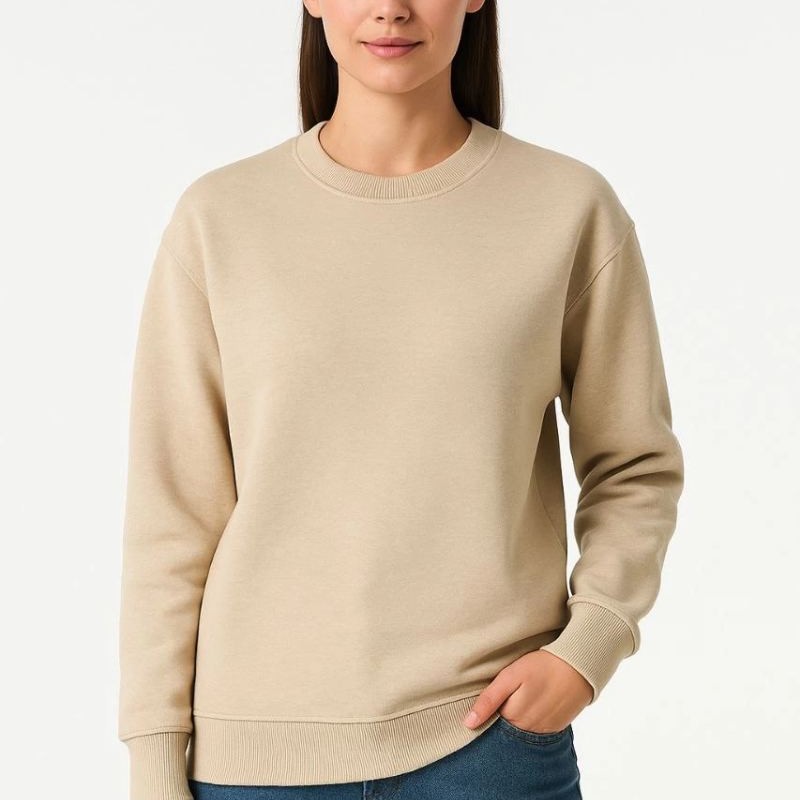 Kadın 3 İplik Pamuklu Düz Bisiklet Yaka SweatShirt - Bej