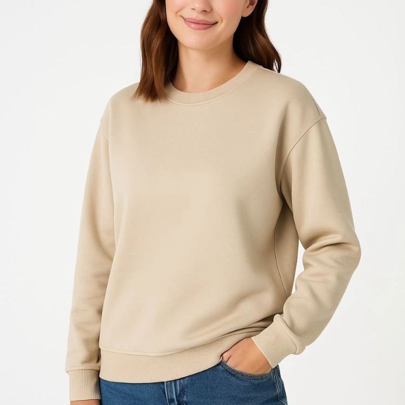 Kadın 3 İplik Pamuklu Düz Bisiklet Yaka SweatShirt - Bej