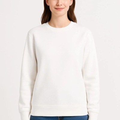 Kadın 3 İplik Pamuklu Düz Bisiklet Yaka SweatShirt - Beyaz