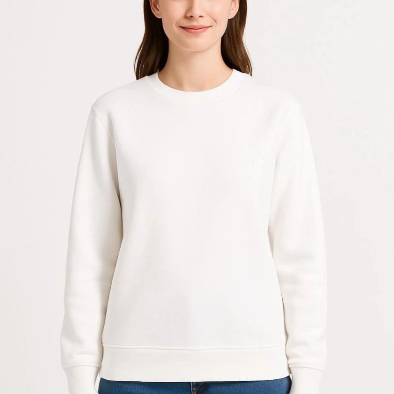 Kadın 3 İplik Pamuklu Düz Bisiklet Yaka SweatShirt - Beyaz
