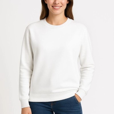 Kadın 3 İplik Pamuklu Düz Bisiklet Yaka SweatShirt - Beyaz