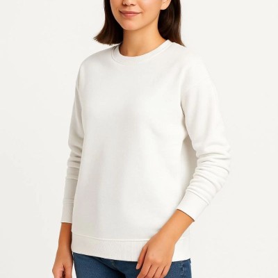 Kadın 3 İplik Pamuklu Düz Bisiklet Yaka SweatShirt - Beyaz
