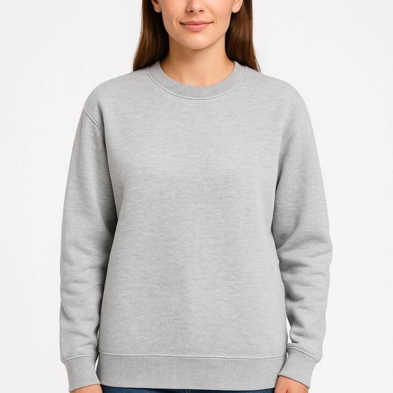 Kadın 3 İplik Pamuklu Düz Bisiklet Yaka SweatShirt - Gri