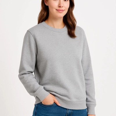 Kadın 3 İplik Pamuklu Düz Bisiklet Yaka SweatShirt - Gri