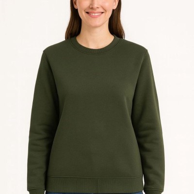 Kadın 3 İplik Pamuklu Düz Bisiklet Yaka SweatShirt - Haki
