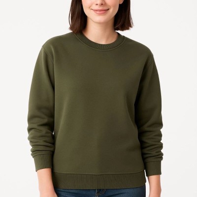 Kadın 3 İplik Pamuklu Düz Bisiklet Yaka SweatShirt - Haki