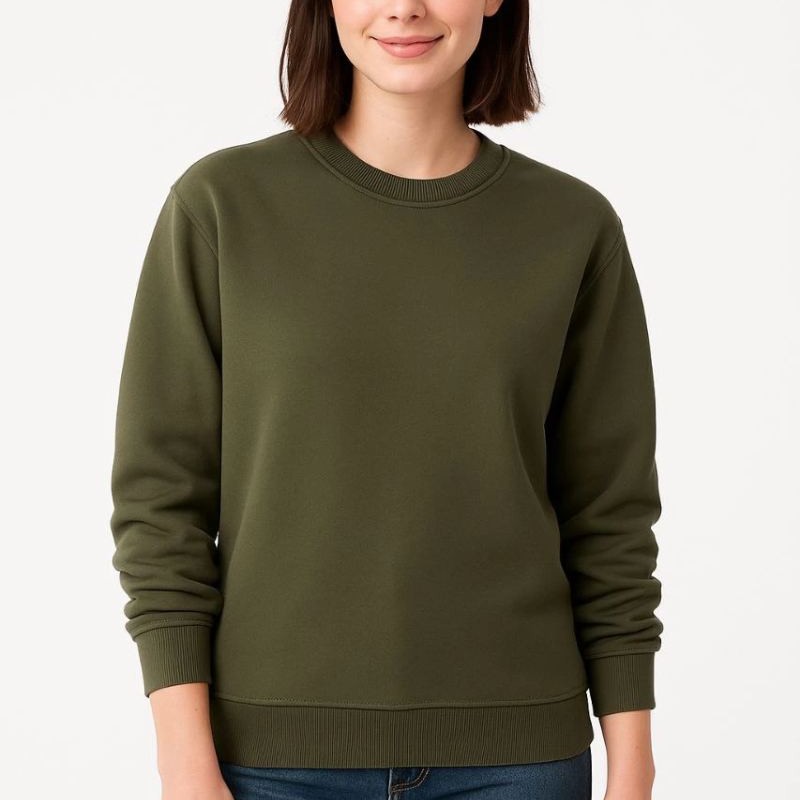 Kadın 3 İplik Pamuklu Düz Bisiklet Yaka SweatShirt - Haki