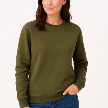 Kadın 3 İplik Pamuklu Düz Bisiklet Yaka SweatShirt - Haki