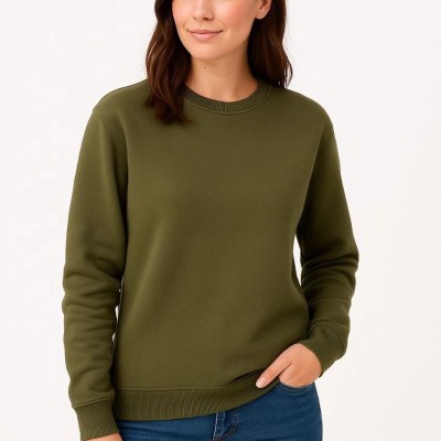 Kadın 3 İplik Pamuklu Düz Bisiklet Yaka SweatShirt - Haki