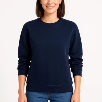 Kadın 3 İplik Pamuklu Düz Bisiklet Yaka SweatShirt - Lacivert