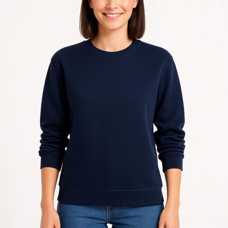 Kadın 3 İplik Pamuklu Düz Bisiklet Yaka SweatShirt - Lacivert