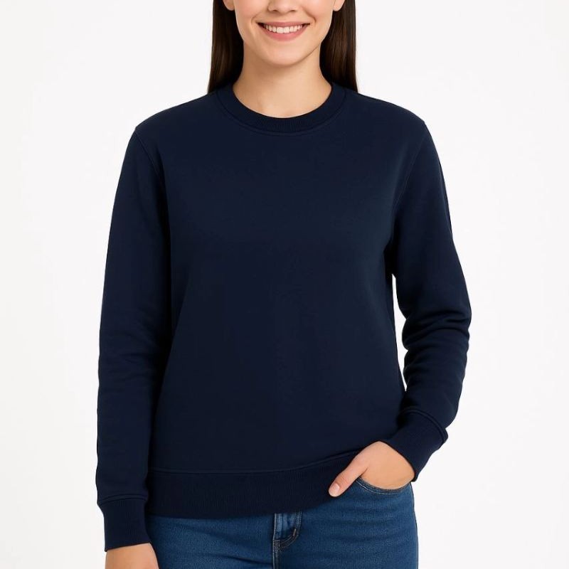 Kadın 3 İplik Pamuklu Düz Bisiklet Yaka SweatShirt - Lacivert