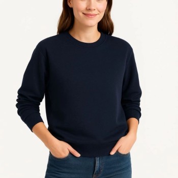 Kadın 3 İplik Pamuklu Düz Bisiklet Yaka SweatShirt - Lacivert