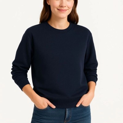 Kadın 3 İplik Pamuklu Düz Bisiklet Yaka SweatShirt - Lacivert