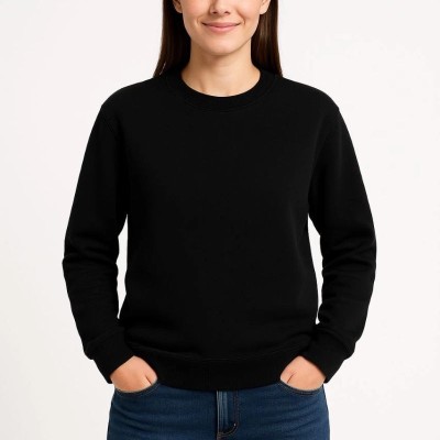 Kadın 3 İplik Pamuklu Düz Bisiklet Yaka SweatShirt - Siyah