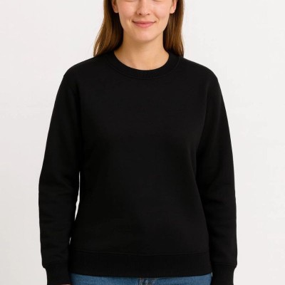 Kadın 3 İplik Pamuklu Düz Bisiklet Yaka SweatShirt - Siyah
