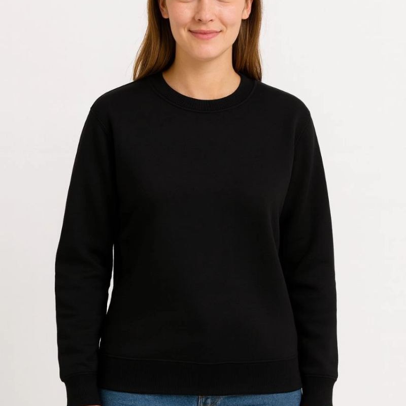 Kadın 3 İplik Pamuklu Düz Bisiklet Yaka SweatShirt - Siyah