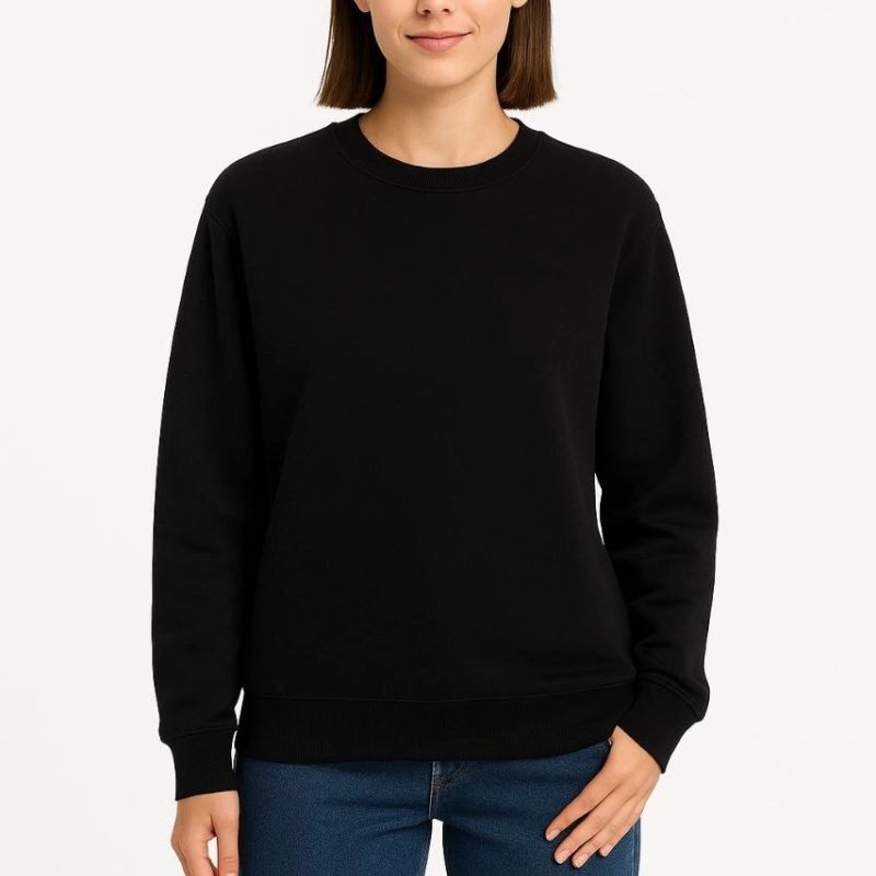 Kadın 3 İplik Pamuklu Düz Bisiklet Yaka SweatShirt - Siyah