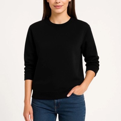 Kadın 3 İplik Pamuklu Düz Bisiklet Yaka SweatShirt - Siyah