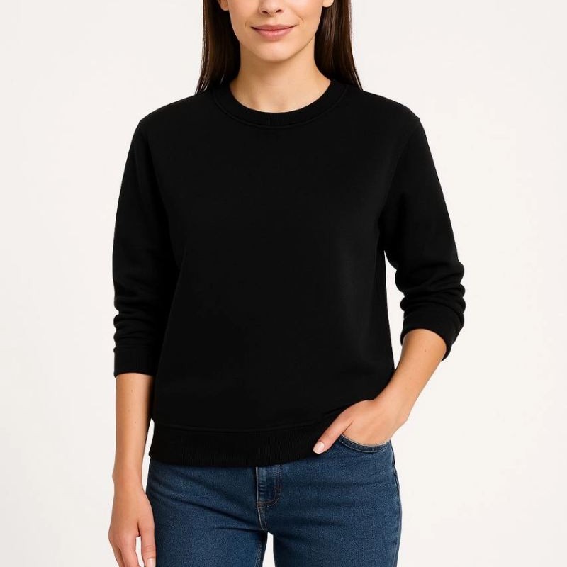 Kadın 3 İplik Pamuklu Düz Bisiklet Yaka SweatShirt - Siyah