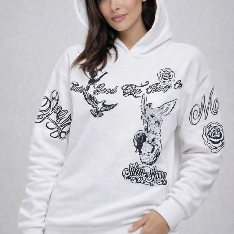 Kadın 3 İplik Pamuklu Kapüşonlu Baskılı SweatShirt hoodie - Beyaz