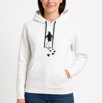 Kadın 3 İplik Pamuklu Kapüşonlu Hoodie Sweatshirt Nihilist Penguen Baskılı - Beyaz