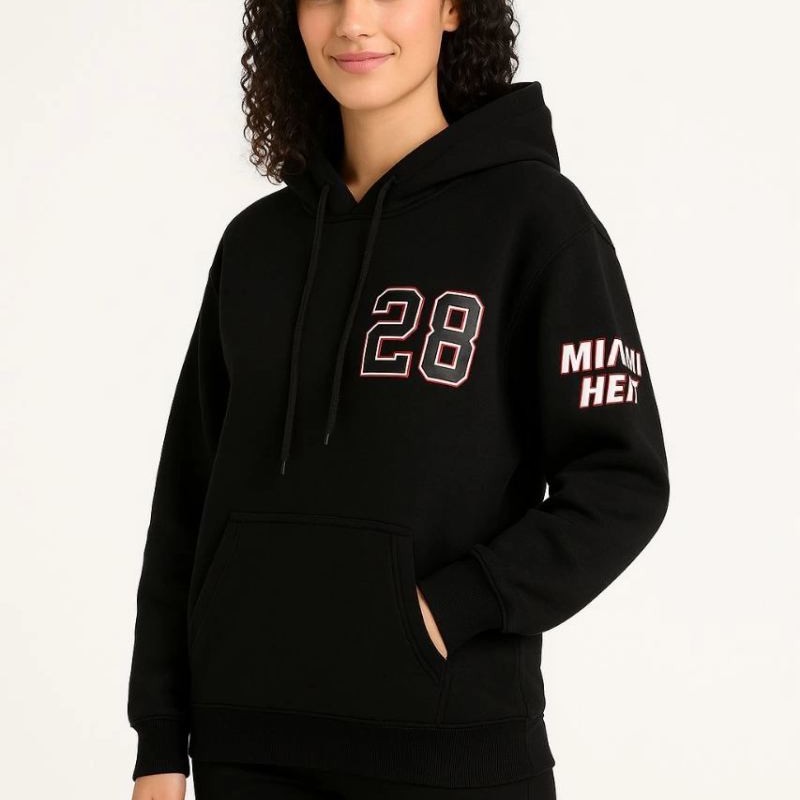 Kadın 3 İplik Pamuklu Kapüşonlu Kanguru Cepli Baskılı Hoodie Sweatshirt - Siyah