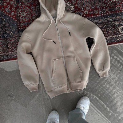 Kadın 3 İplik Pamuklu Kapüşonlu Kanguru Cepli Baskılı Oversize Hoodie Sweatshirt - Bej