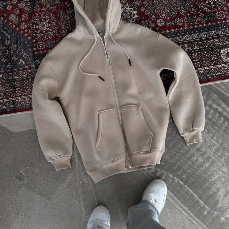 Kadın 3 İplik Pamuklu Kapüşonlu Kanguru Cepli Baskılı Oversize Hoodie Sweatshirt - Bej