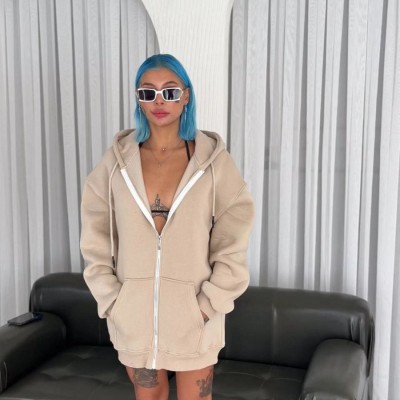 Kadın 3 İplik Pamuklu Kapüşonlu Kanguru Cepli Baskılı Oversize Hoodie Sweatshirt - Bej