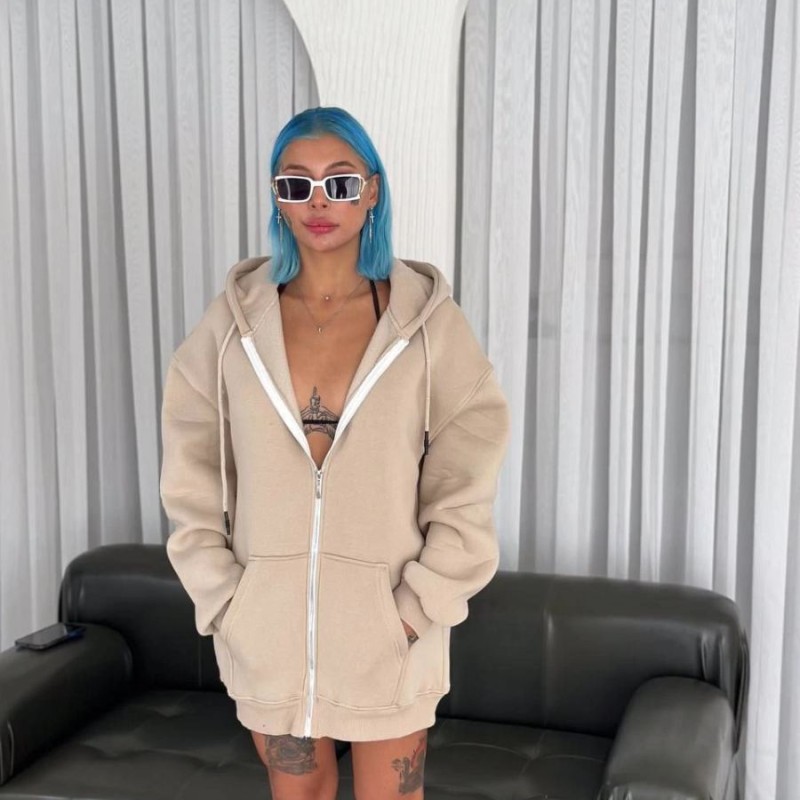 Kadın 3 İplik Pamuklu Kapüşonlu Kanguru Cepli Baskılı Oversize Hoodie Sweatshirt - Bej