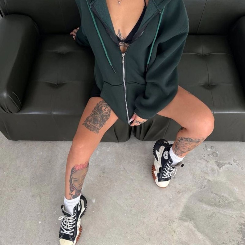 Kadın 3 İplik Pamuklu Kapüşonlu Kanguru Cepli Baskılı Oversize Hoodie Sweatshirt - Haki