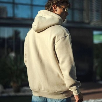 Kadın 3 İplik Pamuklu Kapüşonlu Kanguru Cepli Oversize Hoodie Sweatshirt - Bej