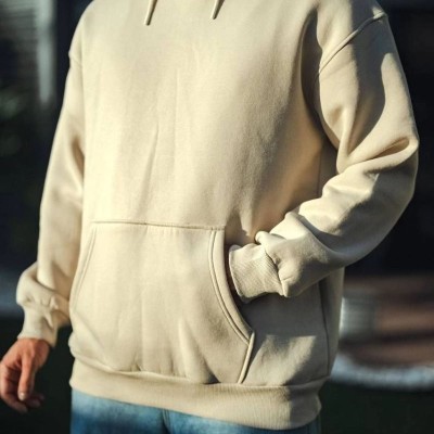 Kadın 3 İplik Pamuklu Kapüşonlu Kanguru Cepli Oversize Hoodie Sweatshirt - Bej