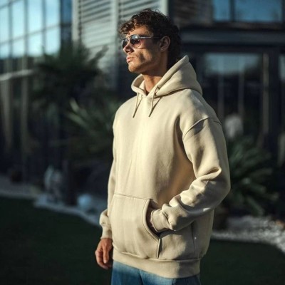 Kadın 3 İplik Pamuklu Kapüşonlu Kanguru Cepli Oversize Hoodie Sweatshirt - Bej