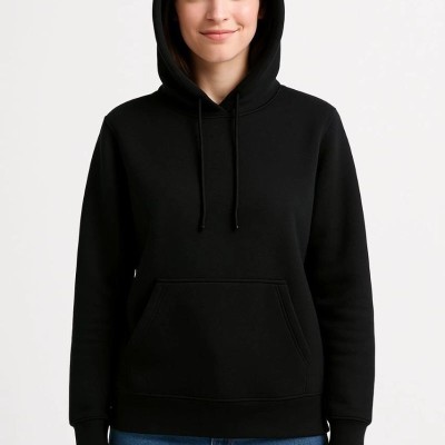 Kadın 3 İplik Pamuklu Kapüşonlu Kanguru Cepli Sweatshirt hoodie - Siyah