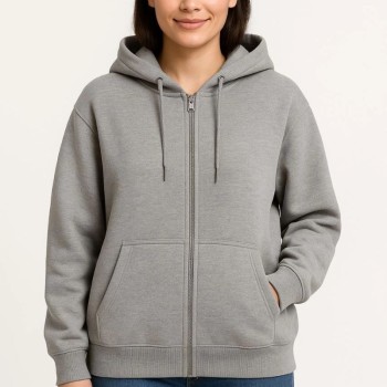 Kadın 3 İplik Pamuklu Kapüşonlu Tam Fermuarlı Kanguru Cepli Sweatshirt Hoodie - Gri