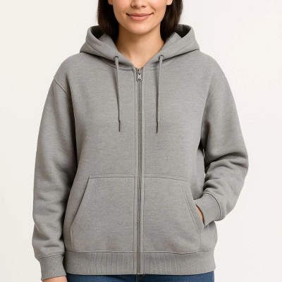 Kadın 3 İplik Pamuklu Kapüşonlu Tam Fermuarlı Kanguru Cepli Sweatshirt Hoodie - Gri