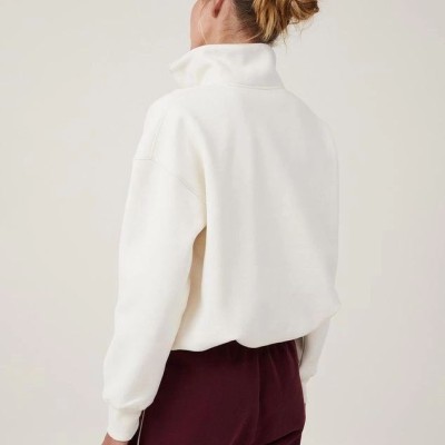 Kadın 3 İplik Pamuklu Oversize Yarım Fermuarlı Yakalı Basic Sweatshirt - Beyaz