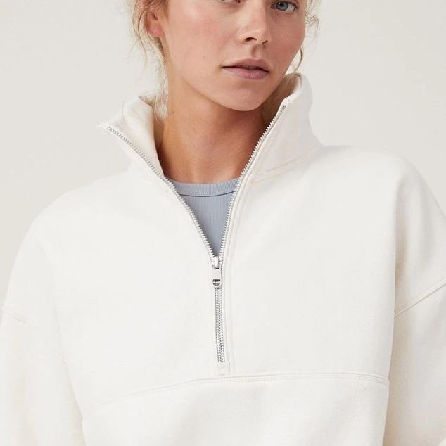 Kadın 3 İplik Pamuklu Oversize Yarım Fermuarlı Yakalı Basic Sweatshirt - Beyaz