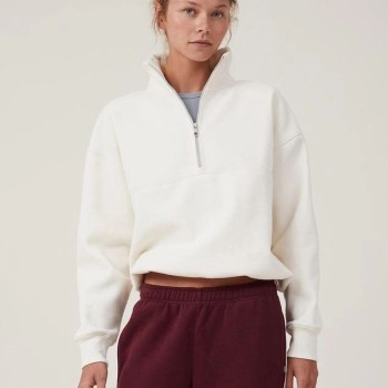 Kadın 3 İplik Pamuklu Oversize Yarım Fermuarlı Yakalı Basic Sweatshirt - Beyaz