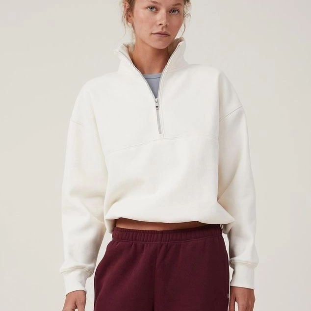 Kadın 3 İplik Pamuklu Oversize Yarım Fermuarlı Yakalı Basic Sweatshirt - Beyaz