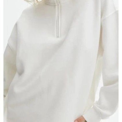 Kadın 3 İplik Pamuklu Oversize Yarım Fermuarlı Yakalı Basic Sweatshirt - Beyaz