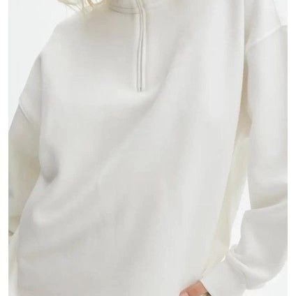 Kadın 3 İplik Pamuklu Oversize Yarım Fermuarlı Yakalı Basic Sweatshirt - Beyaz