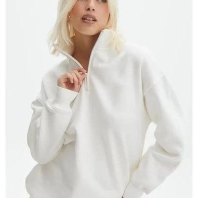 Kadın 3 İplik Pamuklu Oversize Yarım Fermuarlı Yakalı Basic Sweatshirt - Beyaz