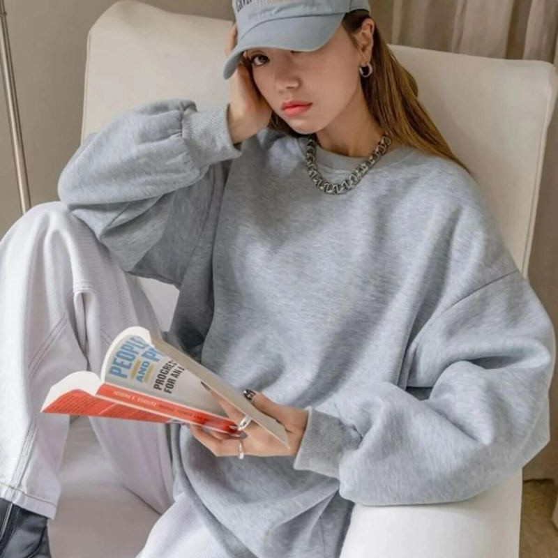 Kadın 3 İplik Pamuklu Oversize Yarım Fermuarlı Yakalı Basic Sweatshirt - Gri