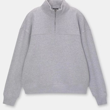 Kadın 3 İplik Pamuklu Oversize Yarım Fermuarlı Yakalı Basic Sweatshirt - Gri