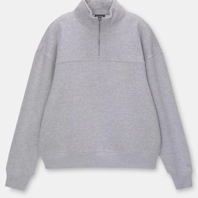 Kadın 3 İplik Pamuklu Oversize Yarım Fermuarlı Yakalı Basic Sweatshirt - Gri